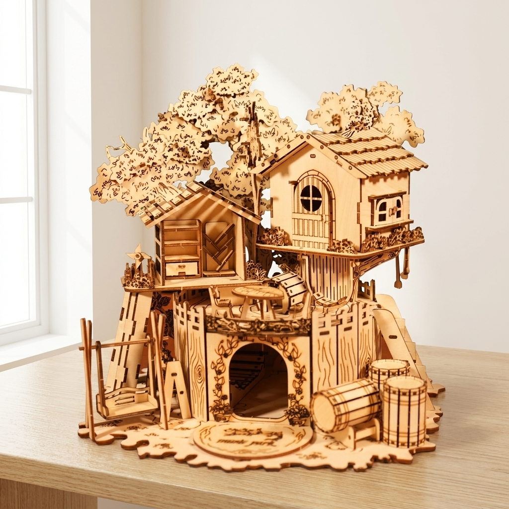 Enchanted Tree House 3D wooden puzzle model kit on a light oak table in bright natural daylight