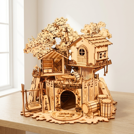 Enchanted Tree House 3D wooden puzzle model kit on a light oak table in bright natural daylight