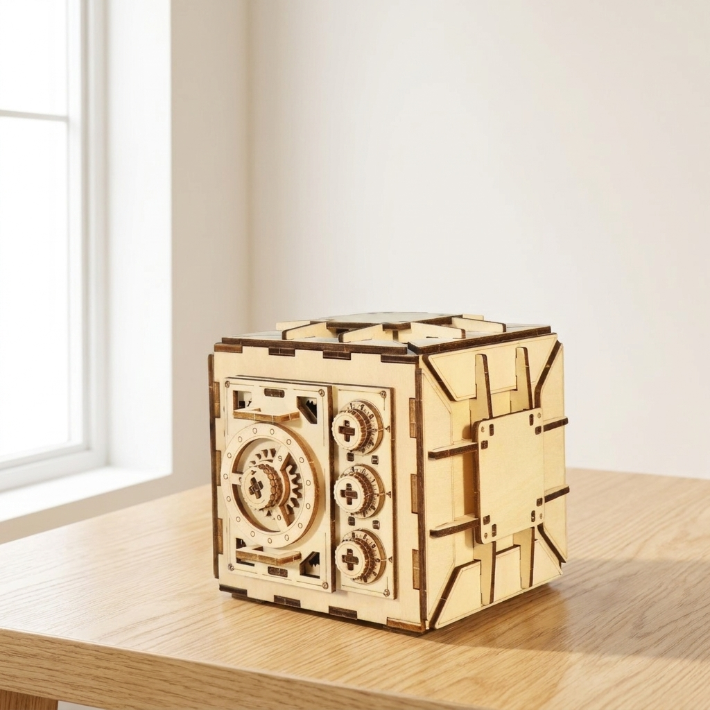 Secret Code wooden combination lock puzzle box kit on a light oak table in bright natural daylight