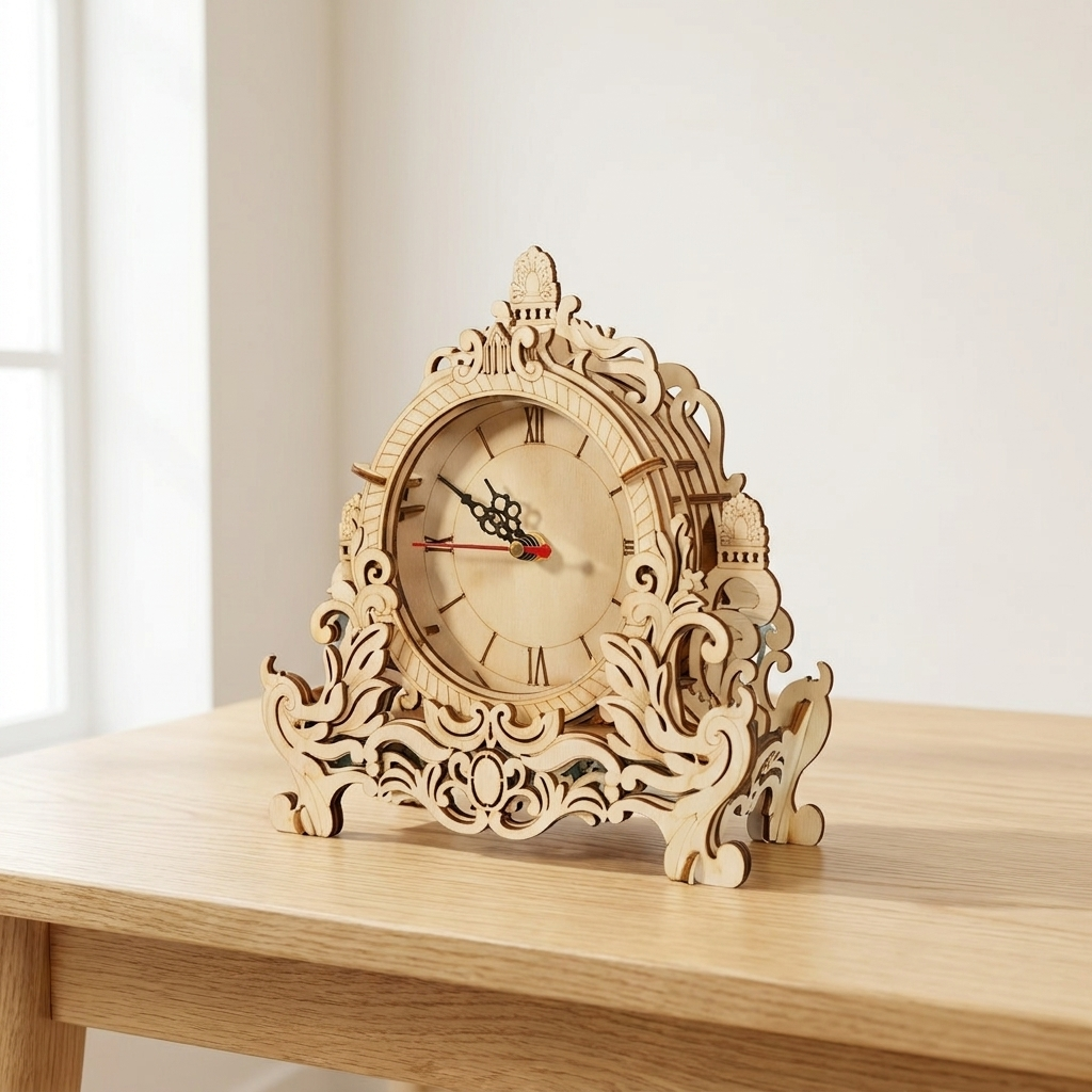 Heritage working wooden desk clock 3D puzzle kit on a light oak table in bright natural daylight