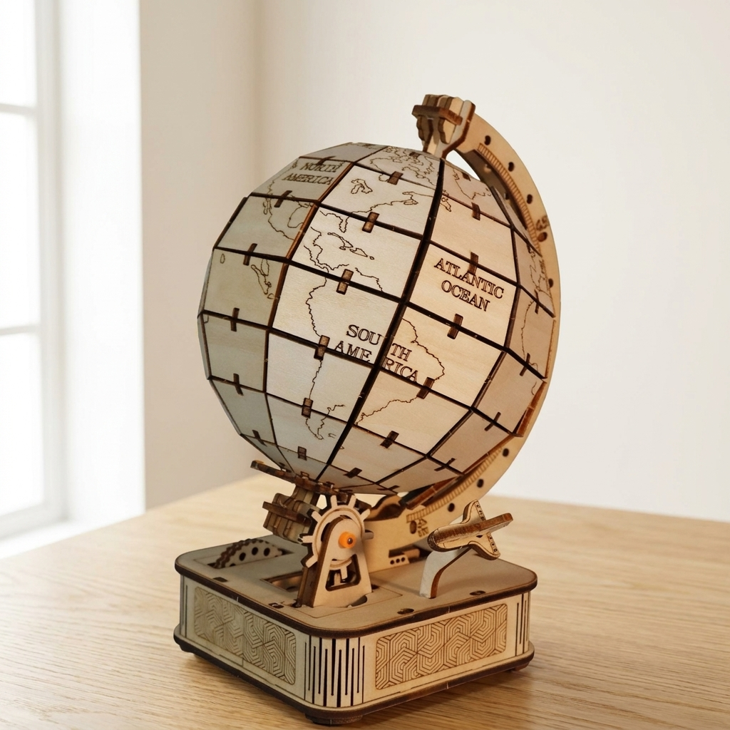 Voyager rotating wooden globe 3D puzzle kit on a light oak table in bright natural daylight