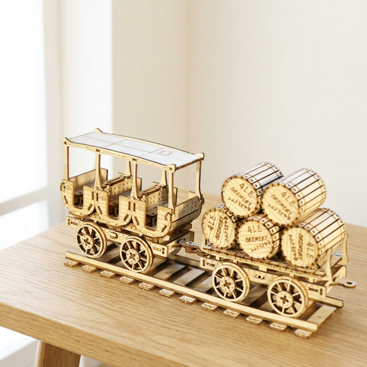 Vintage wooden wine truck 3D puzzle brainteaser kit on a light oak table in bright natural daylight
