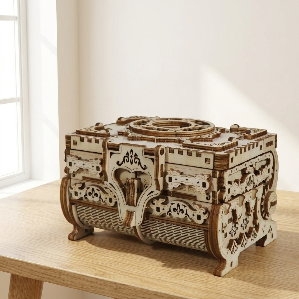 Antique wooden keepsake jewelry box 3D puzzle kit on a light oak table in bright natural daylight