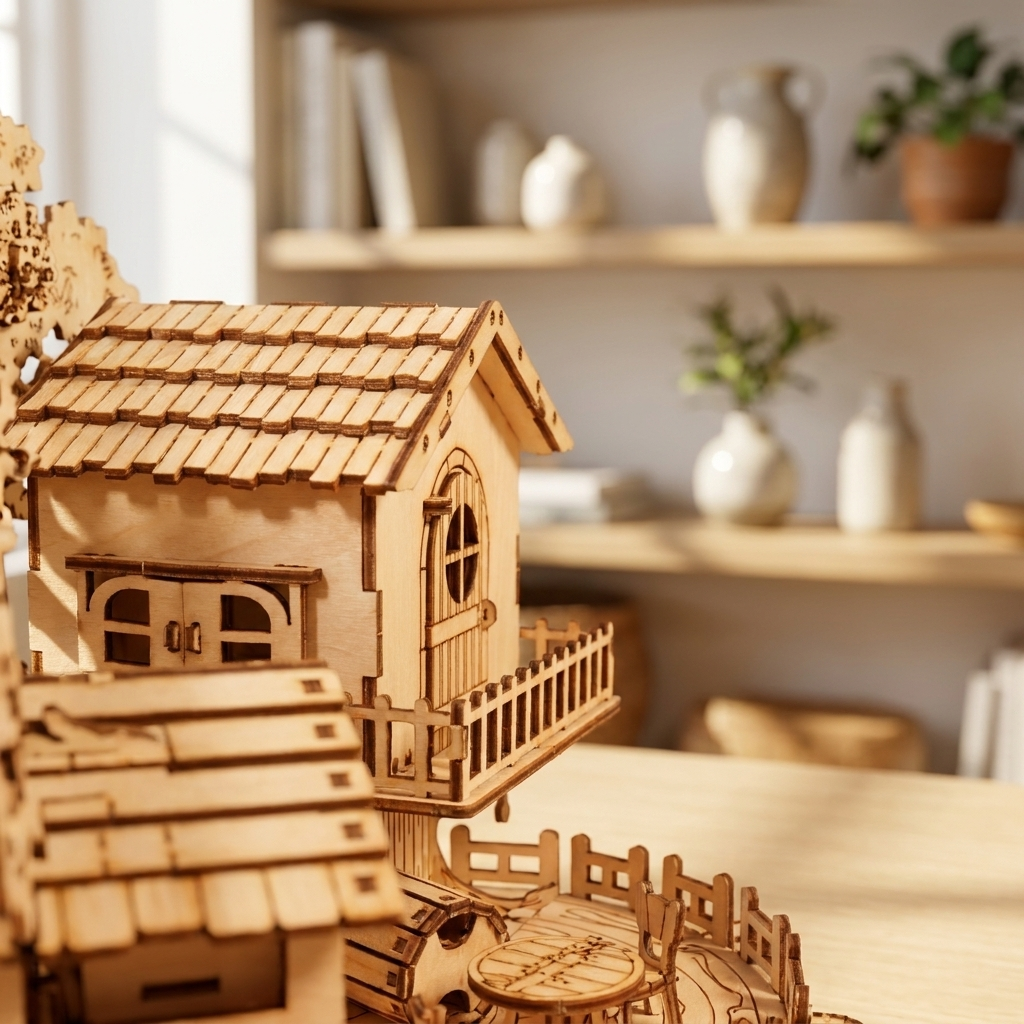 Enchanted Tree House wooden puzzle close-up of laser-cut roof and balcony details on a bright shelf