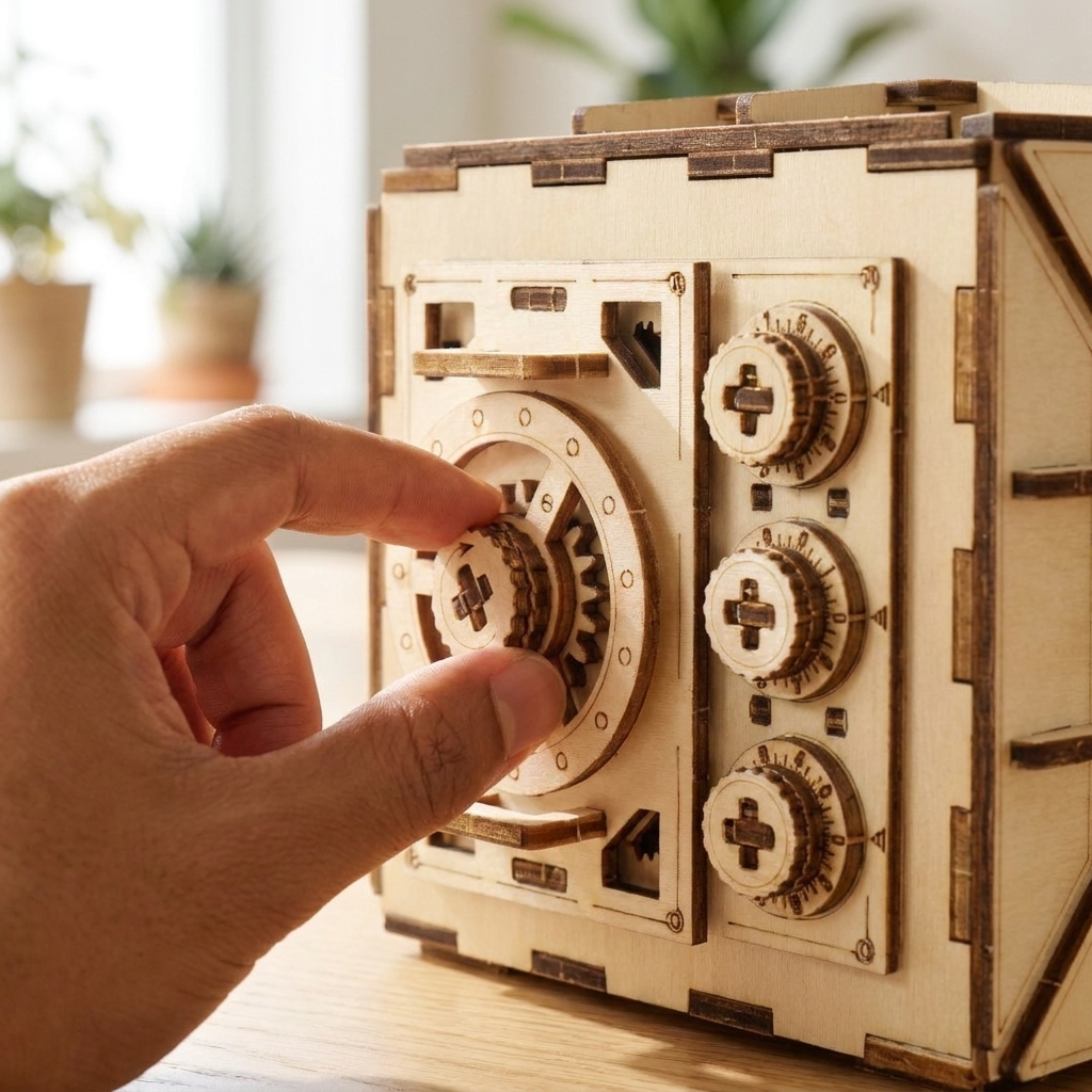 Secret Code puzzle box close-up of wooden combination dial mechanism