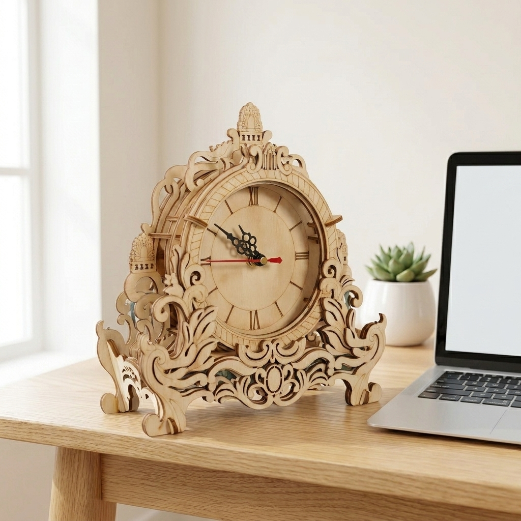 Heritage desk clock wooden puzzle on a bright work desk next to laptop and plant