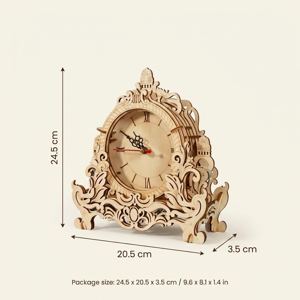 Heritage desk clock size guide - package 24.5 x 20.5 x 3.5 cm (9.6 x 8.1 x 1.4 in)