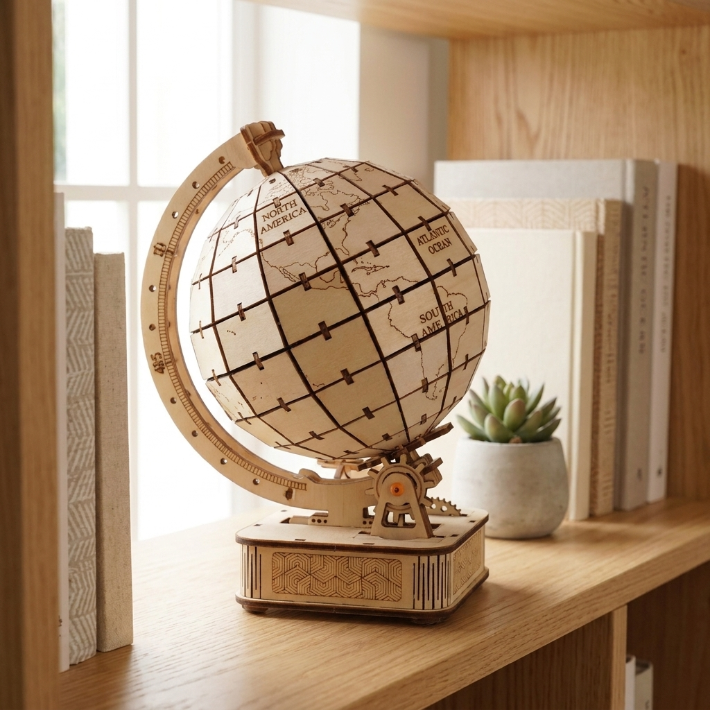 Voyager rotating wooden globe on a bright bookshelf beside books, close-up of continents