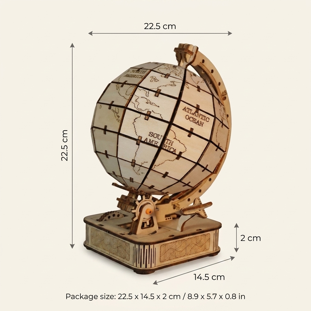 Voyager globe size guide - package 22.5 x 14.5 x 2 cm (8.9 x 5.7 x 0.8 in)