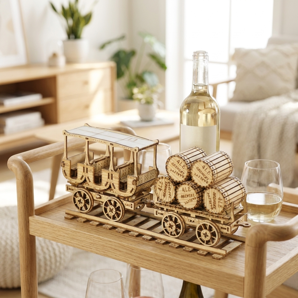 Vintage wooden wine truck puzzle on a bright bar cart next to wine bottle and glasses