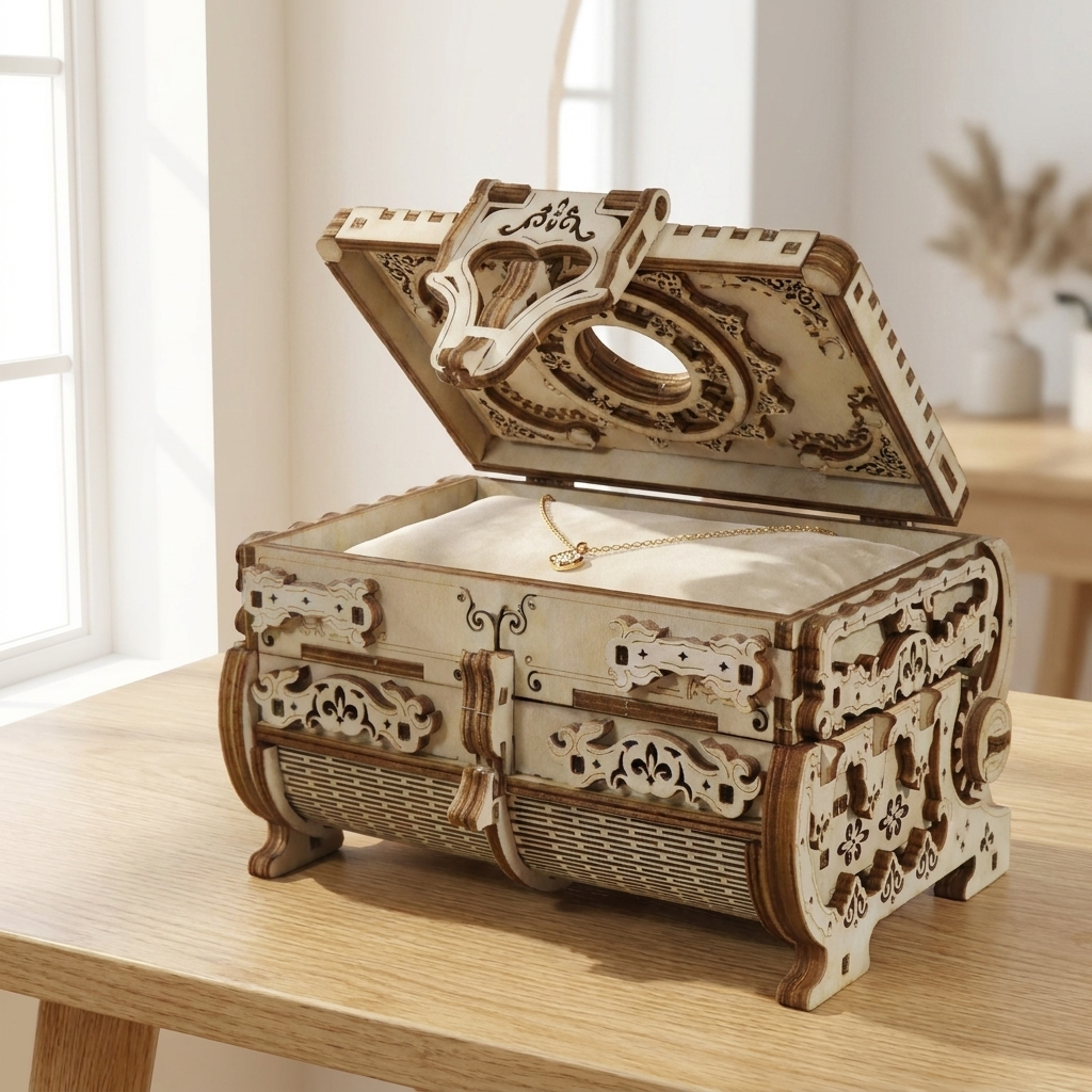 Antique wooden keepsake jewelry box open with necklace inside on a bright vanity table